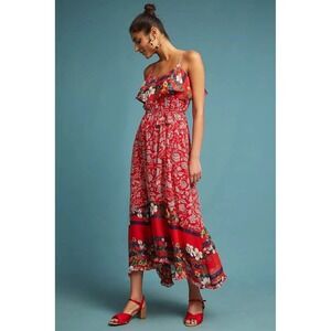 One September Anthropologie‎ Red Floral Ruffle Maxi Dress Petite Small SP